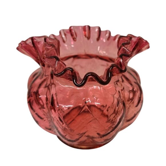 5" Fenton Cranberry Glass Vase Diamond Pattern Ruffled Edge - Picture 2 of 8